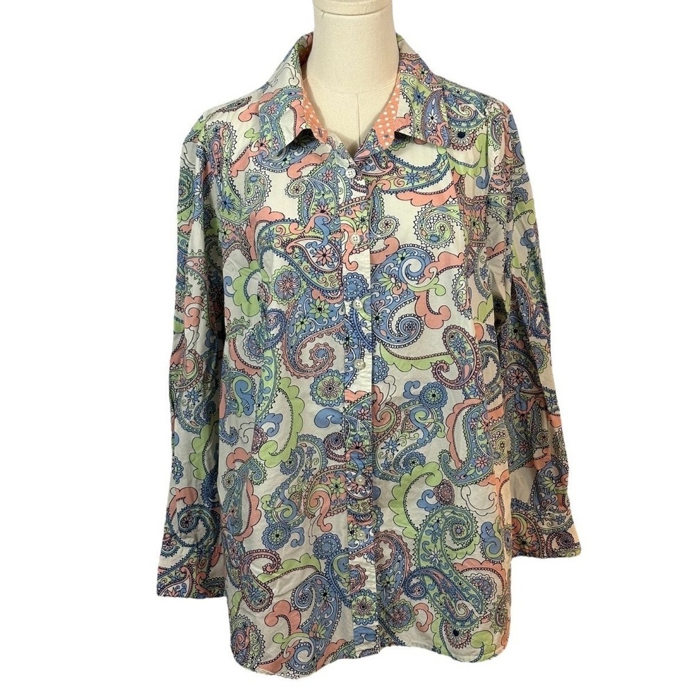 Talbots 100% Cotton Blue, Pink, Green & White Patterned Button Up Shirt (1X)